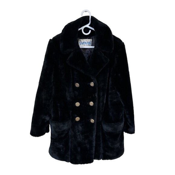 Vintage Womens Black Faux Fur Jacket Fleur de lis Buttons Coat Satin Medium - Picture 1 of 13